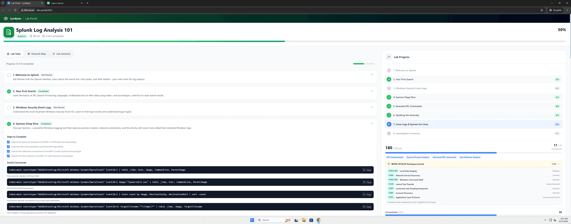 CymBytes lab workspace with investigation tasks and example SPL queries on the left, and lab progress, scored checkpoints and MITRE ATT&CK techniques on the right.
